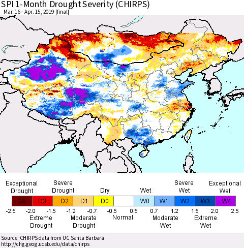 China and Taiwan SPI 1-Month Drought Severity (CHIRPS) Thematic Map For 3/16/2019 - 4/15/2019