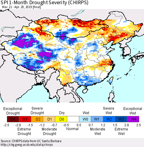 China and Taiwan SPI 1-Month Drought Severity (CHIRPS) Thematic Map For 3/21/2019 - 4/20/2019