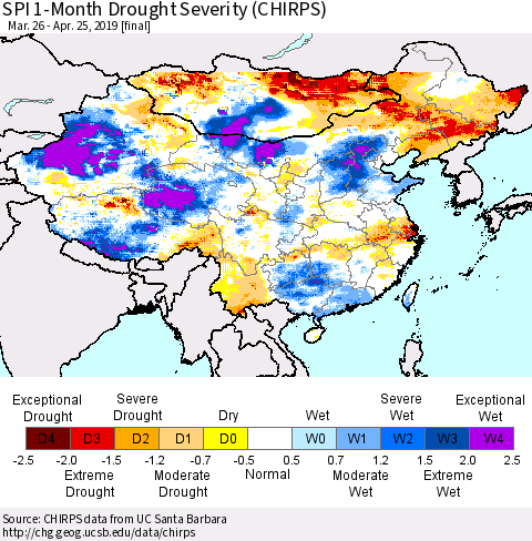 China and Taiwan SPI 1-Month Drought Severity (CHIRPS) Thematic Map For 3/26/2019 - 4/25/2019