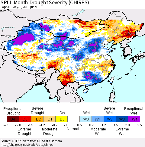 China and Taiwan SPI 1-Month Drought Severity (CHIRPS) Thematic Map For 4/6/2019 - 5/5/2019