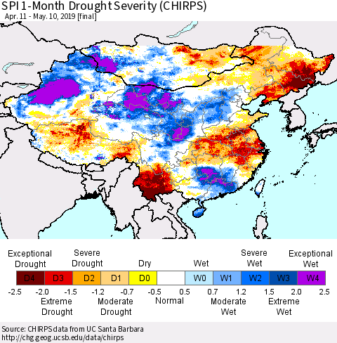 China and Taiwan SPI 1-Month Drought Severity (CHIRPS) Thematic Map For 4/11/2019 - 5/10/2019