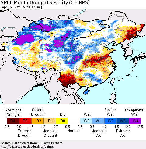 China and Taiwan SPI 1-Month Drought Severity (CHIRPS) Thematic Map For 4/16/2019 - 5/15/2019