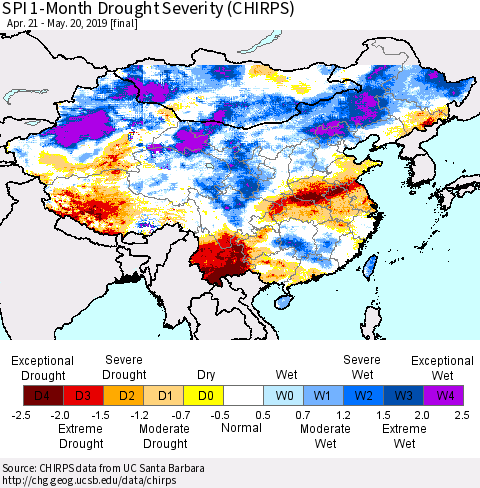 China and Taiwan SPI 1-Month Drought Severity (CHIRPS) Thematic Map For 4/21/2019 - 5/20/2019