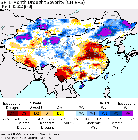 China and Taiwan SPI 1-Month Drought Severity (CHIRPS) Thematic Map For 5/1/2019 - 5/31/2019