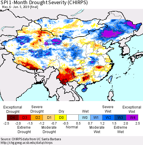China and Taiwan SPI 1-Month Drought Severity (CHIRPS) Thematic Map For 5/6/2019 - 6/5/2019