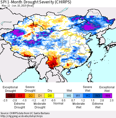 China and Taiwan SPI 1-Month Drought Severity (CHIRPS) Thematic Map For 5/11/2019 - 6/10/2019