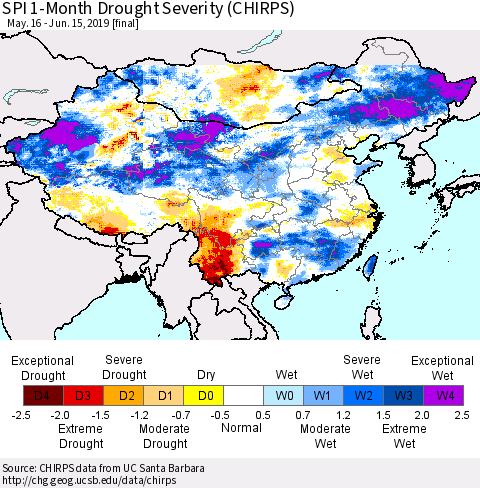 China and Taiwan SPI 1-Month Drought Severity (CHIRPS) Thematic Map For 5/16/2019 - 6/15/2019