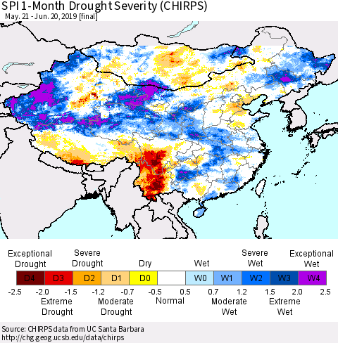 China and Taiwan SPI 1-Month Drought Severity (CHIRPS) Thematic Map For 5/21/2019 - 6/20/2019
