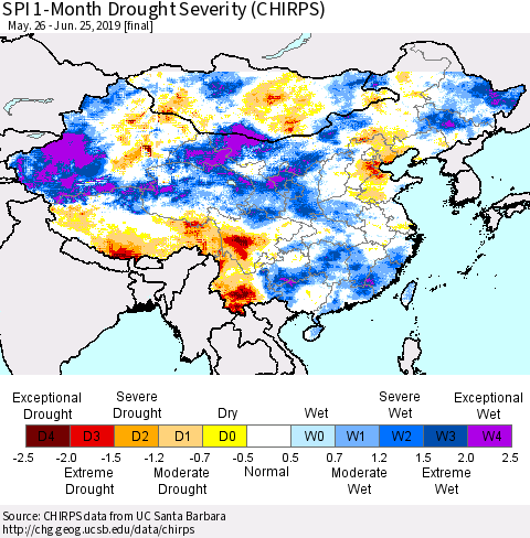 China and Taiwan SPI 1-Month Drought Severity (CHIRPS) Thematic Map For 5/26/2019 - 6/25/2019