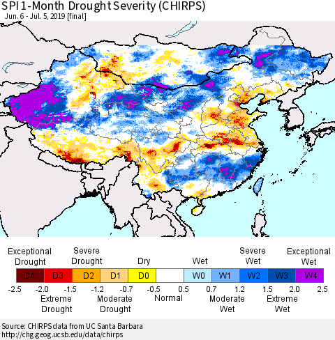 China and Taiwan SPI 1-Month Drought Severity (CHIRPS) Thematic Map For 6/6/2019 - 7/5/2019