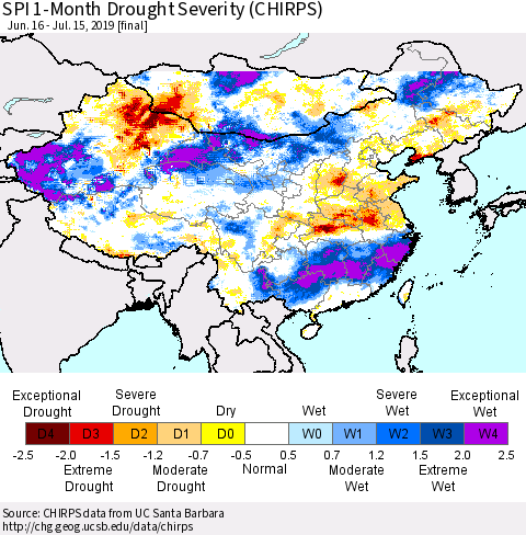China, Mongolia and Taiwan SPI 1-Month Drought Severity (CHIRPS) Thematic Map For 6/16/2019 - 7/15/2019