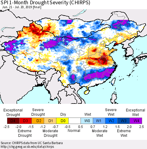 China and Taiwan SPI 1-Month Drought Severity (CHIRPS) Thematic Map For 6/21/2019 - 7/20/2019