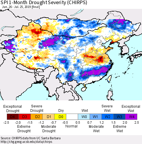 China and Taiwan SPI 1-Month Drought Severity (CHIRPS) Thematic Map For 6/26/2019 - 7/25/2019