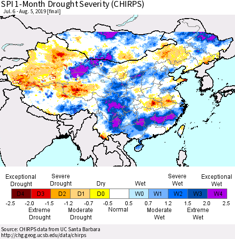 China and Taiwan SPI 1-Month Drought Severity (CHIRPS) Thematic Map For 7/6/2019 - 8/5/2019