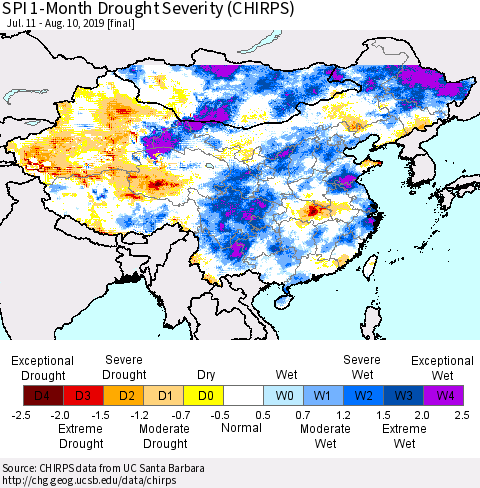China and Taiwan SPI 1-Month Drought Severity (CHIRPS) Thematic Map For 7/11/2019 - 8/10/2019