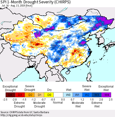 China and Taiwan SPI 1-Month Drought Severity (CHIRPS) Thematic Map For 7/16/2019 - 8/15/2019