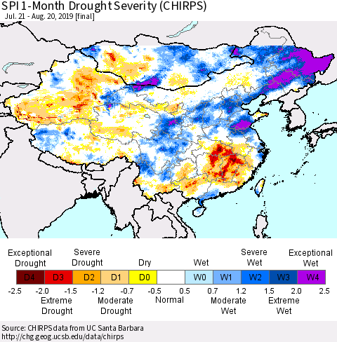 China and Taiwan SPI 1-Month Drought Severity (CHIRPS) Thematic Map For 7/21/2019 - 8/20/2019