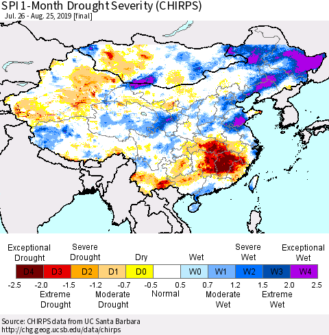 China and Taiwan SPI 1-Month Drought Severity (CHIRPS) Thematic Map For 7/26/2019 - 8/25/2019