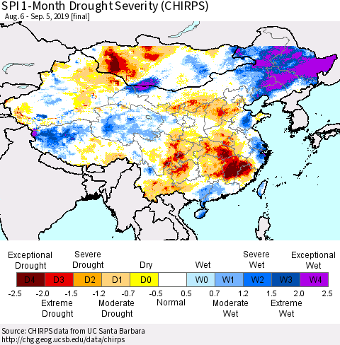 China and Taiwan SPI 1-Month Drought Severity (CHIRPS) Thematic Map For 8/6/2019 - 9/5/2019