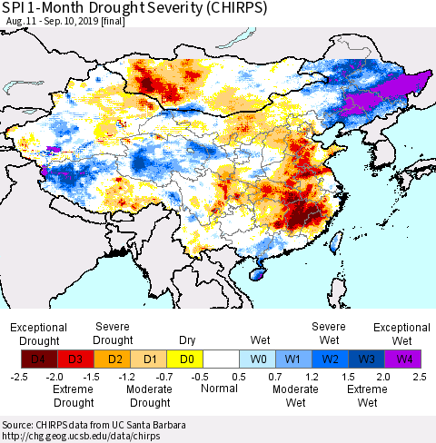 China and Taiwan SPI 1-Month Drought Severity (CHIRPS) Thematic Map For 8/11/2019 - 9/10/2019