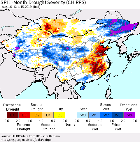 China, Mongolia and Taiwan SPI 1-Month Drought Severity (CHIRPS) Thematic Map For 8/16/2019 - 9/15/2019