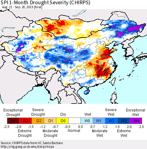 China and Taiwan SPI 1-Month Drought Severity (CHIRPS) Thematic Map For 8/21/2019 - 9/20/2019