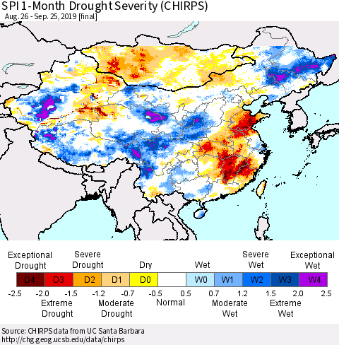 China, Mongolia and Taiwan SPI 1-Month Drought Severity (CHIRPS) Thematic Map For 8/26/2019 - 9/25/2019