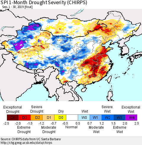 China and Taiwan SPI 1-Month Drought Severity (CHIRPS) Thematic Map For 9/1/2019 - 9/30/2019