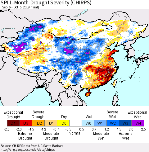 China and Taiwan SPI 1-Month Drought Severity (CHIRPS) Thematic Map For 9/6/2019 - 10/5/2019