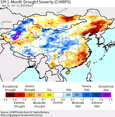 China and Taiwan SPI 1-Month Drought Severity (CHIRPS) Thematic Map For 9/16/2019 - 10/15/2019