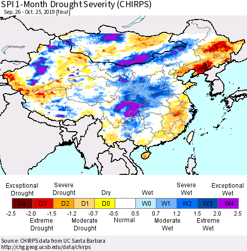 China and Taiwan SPI 1-Month Drought Severity (CHIRPS) Thematic Map For 9/26/2019 - 10/25/2019