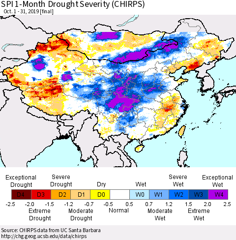 China and Taiwan SPI 1-Month Drought Severity (CHIRPS) Thematic Map For 10/1/2019 - 10/31/2019