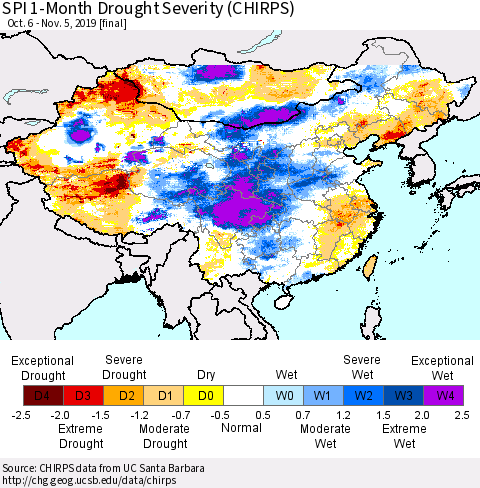China, Mongolia and Taiwan SPI 1-Month Drought Severity (CHIRPS) Thematic Map For 10/6/2019 - 11/5/2019