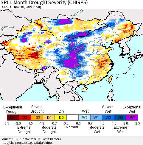 China, Mongolia and Taiwan SPI 1-Month Drought Severity (CHIRPS) Thematic Map For 10/11/2019 - 11/10/2019
