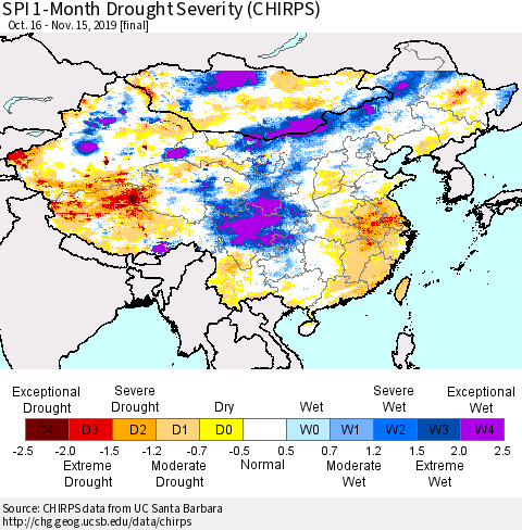 China and Taiwan SPI 1-Month Drought Severity (CHIRPS) Thematic Map For 10/16/2019 - 11/15/2019