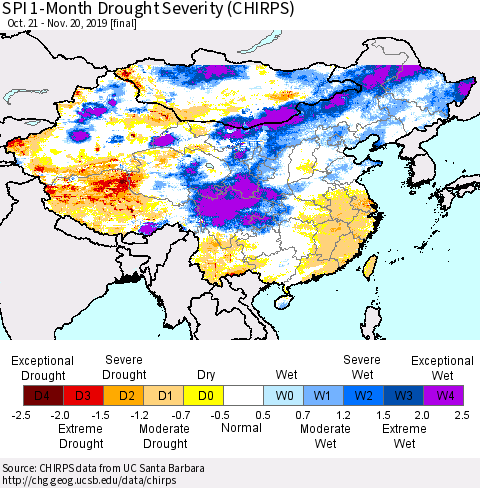 China and Taiwan SPI 1-Month Drought Severity (CHIRPS) Thematic Map For 10/21/2019 - 11/20/2019