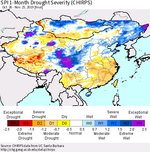 China and Taiwan SPI 1-Month Drought Severity (CHIRPS) Thematic Map For 10/26/2019 - 11/25/2019