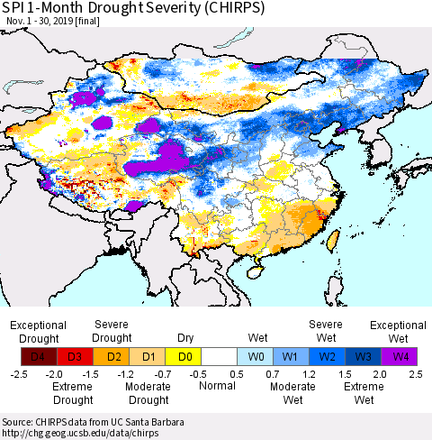China, Mongolia and Taiwan SPI 1-Month Drought Severity (CHIRPS) Thematic Map For 11/1/2019 - 11/30/2019