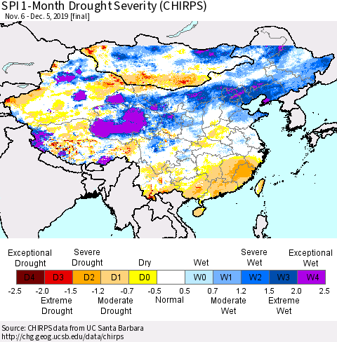 China and Taiwan SPI 1-Month Drought Severity (CHIRPS) Thematic Map For 11/6/2019 - 12/5/2019