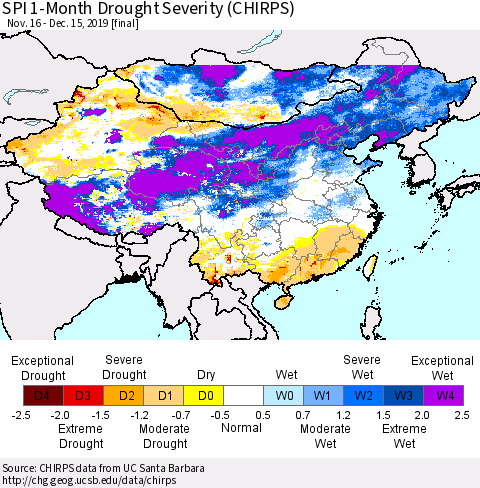 China, Mongolia and Taiwan SPI 1-Month Drought Severity (CHIRPS) Thematic Map For 11/16/2019 - 12/15/2019