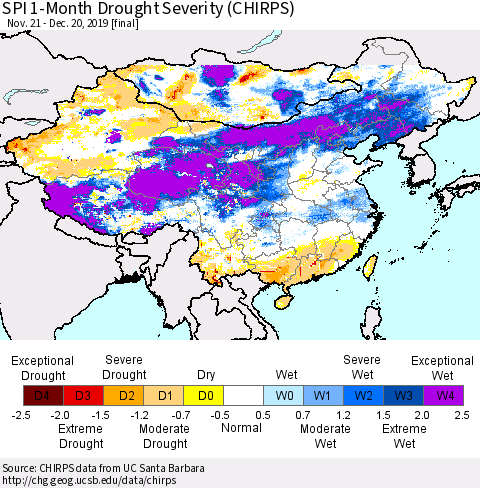 China, Mongolia and Taiwan SPI 1-Month Drought Severity (CHIRPS) Thematic Map For 11/21/2019 - 12/20/2019