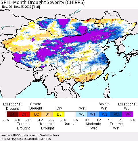 China and Taiwan SPI 1-Month Drought Severity (CHIRPS) Thematic Map For 11/26/2019 - 12/25/2019