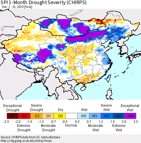 China and Taiwan SPI 1-Month Drought Severity (CHIRPS) Thematic Map For 12/1/2019 - 12/31/2019