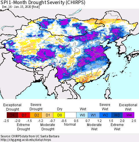 China and Taiwan SPI 1-Month Drought Severity (CHIRPS) Thematic Map For 12/16/2019 - 1/15/2020