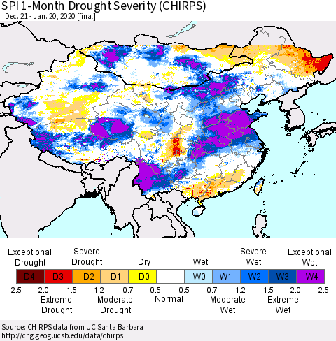 China, Mongolia and Taiwan SPI 1-Month Drought Severity (CHIRPS) Thematic Map For 12/21/2019 - 1/20/2020