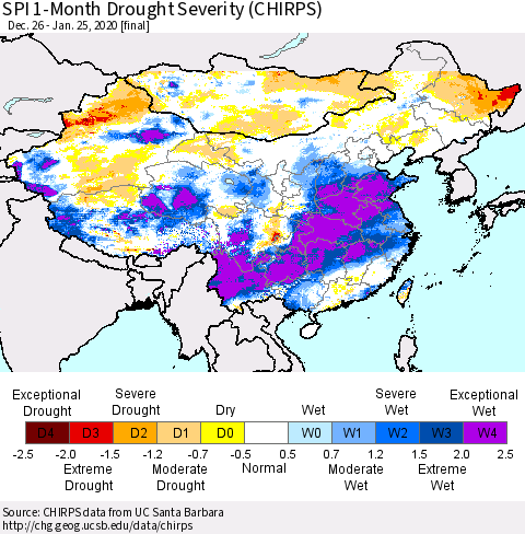 China and Taiwan SPI 1-Month Drought Severity (CHIRPS) Thematic Map For 12/26/2019 - 1/25/2020