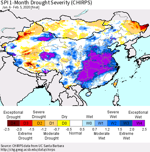 China and Taiwan SPI 1-Month Drought Severity (CHIRPS) Thematic Map For 1/6/2020 - 2/5/2020