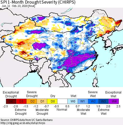 China and Taiwan SPI 1-Month Drought Severity (CHIRPS) Thematic Map For 1/11/2020 - 2/10/2020