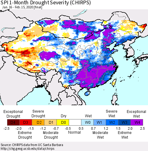 China and Taiwan SPI 1-Month Drought Severity (CHIRPS) Thematic Map For 1/16/2020 - 2/15/2020