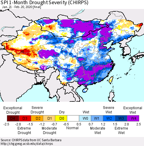 China and Taiwan SPI 1-Month Drought Severity (CHIRPS) Thematic Map For 1/21/2020 - 2/20/2020